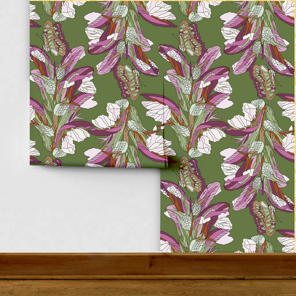 The artwork is a detailed, stylized pattern featuring butterflies and flowers. The background is an olive green color that contrasts with the dominant purples, pinks, and whites of the flowers. The flowers have elongated petals with intricate vein details, while the butterflies display delicate, patterned wings in shades of brown, pink, and beige. The composition is repeated seamlessly, creating a harmonious and balanced design with a natural, botanical theme.